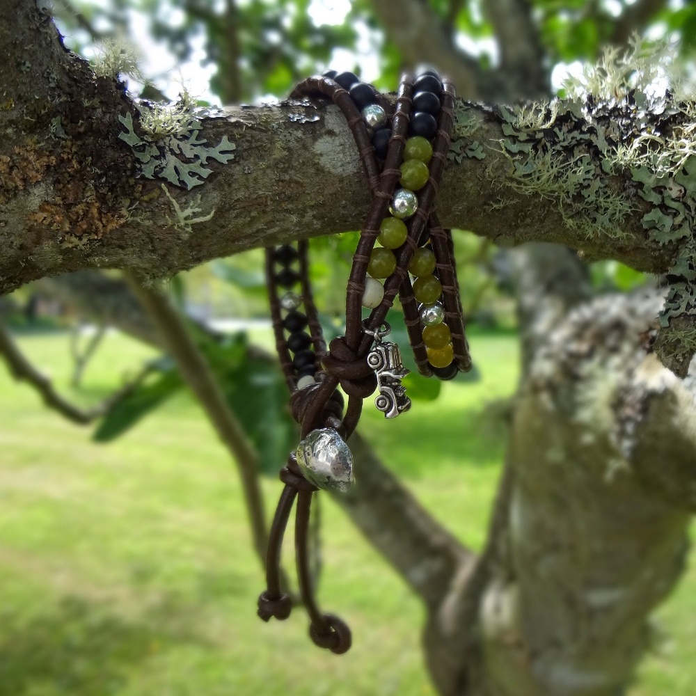 Double Wrap Leather Bracelet w/ Silver Jeep Charm - UNISEX